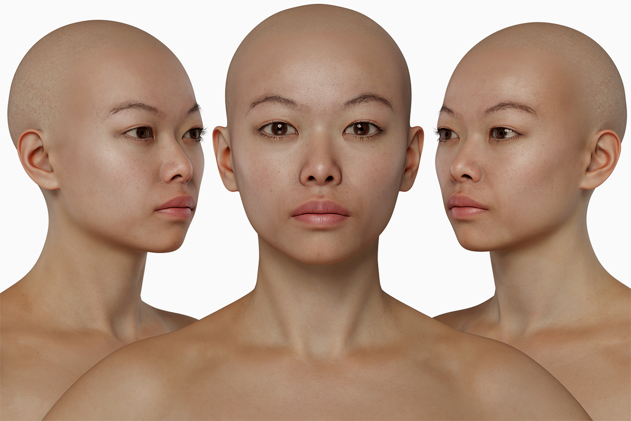 This 3D model showcases the head and face of an Asian woman in her 20's. The model has a high level of detail, with realistic skin texture, including visible pores, and textured eyebrows that complement her symmetrical features. The woman's hair is styled simply, pulled back to highlight her facial features. The model would be useful for a wide range of projects, including animation, gaming, and virtual reality experiences.